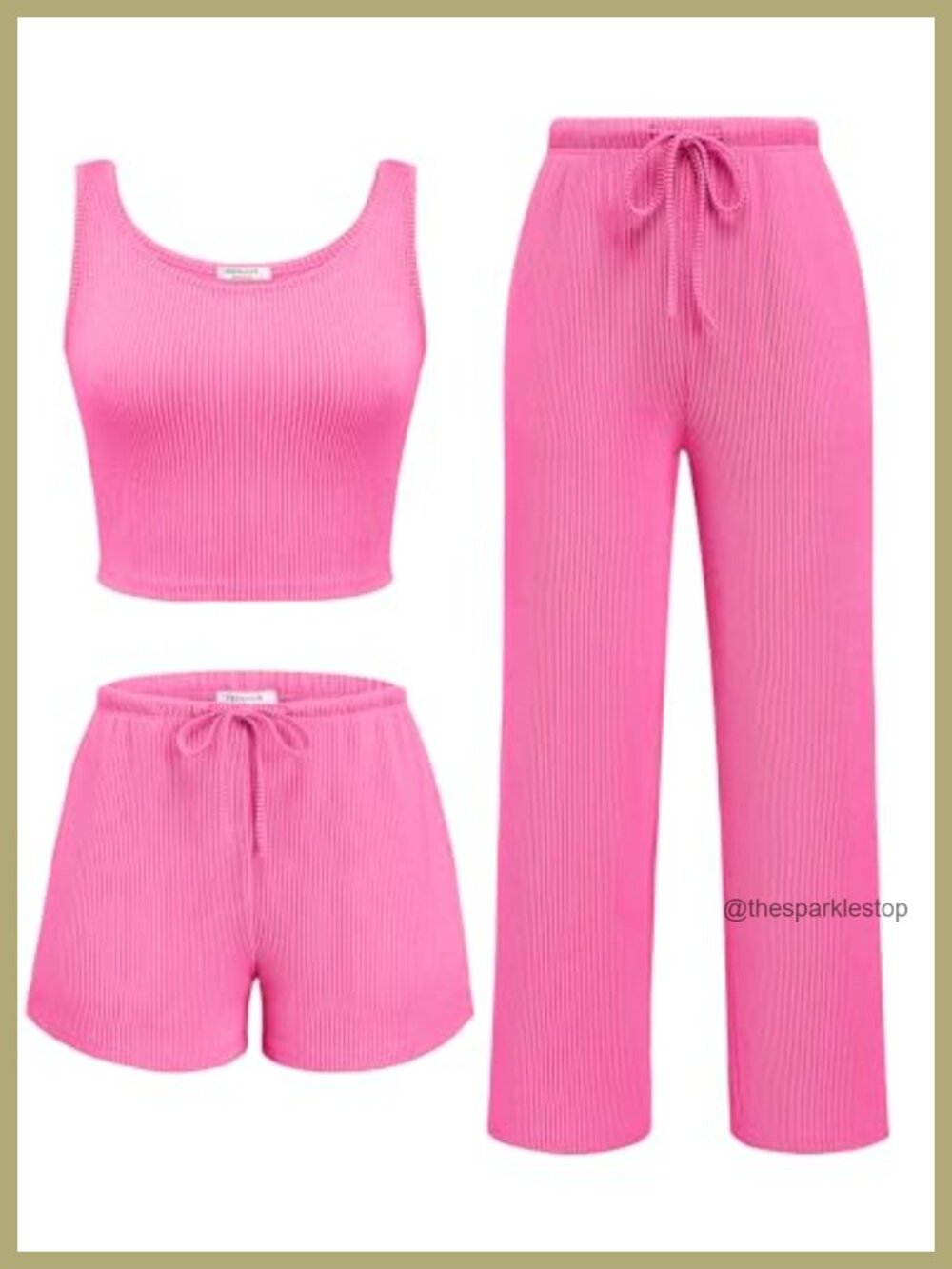 Twisted Rib Knit 3 Piece Lounge Set Crop Tank Top Shorts & Pants with Pockets